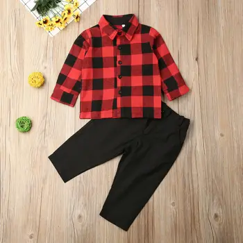 

Toddler Newborn Baby Boys Autumn Fashion Long Sleeve Plaid Shirts Tops Balck Long Pants 2PCS Outfits Sets