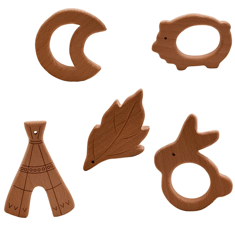 

5Pcs/Lot Infant Baby Wood Teether Animal Shape Safe Chew Beech Teething Baby Teether Toys Accessories for Baby Gifts