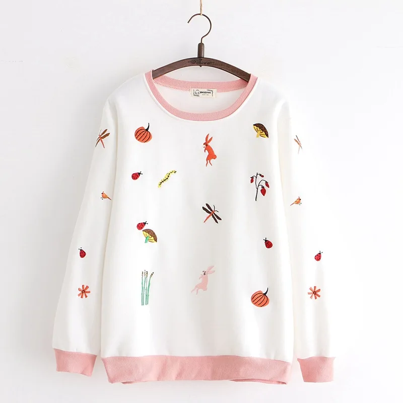 Белый Merry Pretty Хлопковые женские толстовки с мультяшной вышивкой из кусков толстовки зимние пуловеры с длинным рукавом и круглым вырезом в симпатичном стиле - Цвет: Белый