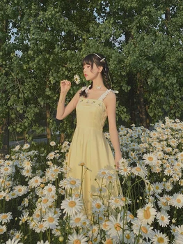 

Retro Literary Style Embroidery Contrast Color Sling Dress Waist Slimming Long Skirt 2020 New