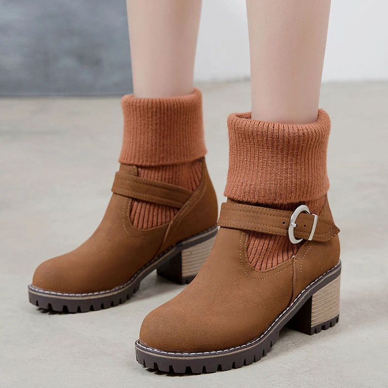 Женские ботильоны зимняя теплая обувь на высоком каблуке и платформе без