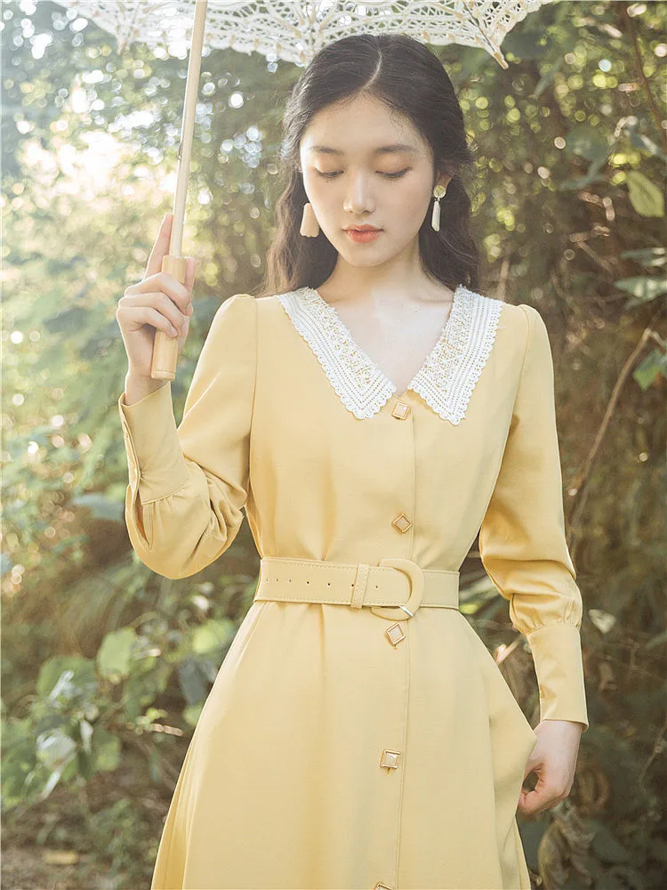 

Elegant Vintage Women Yellow Dress With Belt Sweet Peter Pan Collar Lace Lantern Sleeve Casual Office Lady Fladas Vestidos