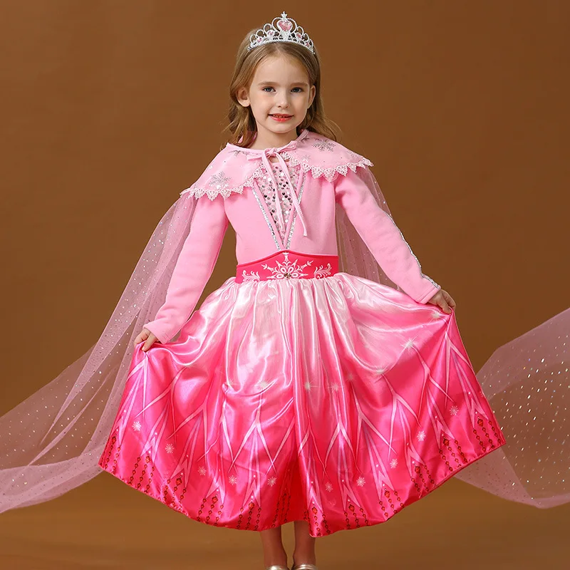 «Холодное сердце» 2 платье принцессы Эльзы Рождественская Косплэй Эльза День рождения синий розовый Примечание со снежинками, накидка, украшенные блестками Длина для девочек