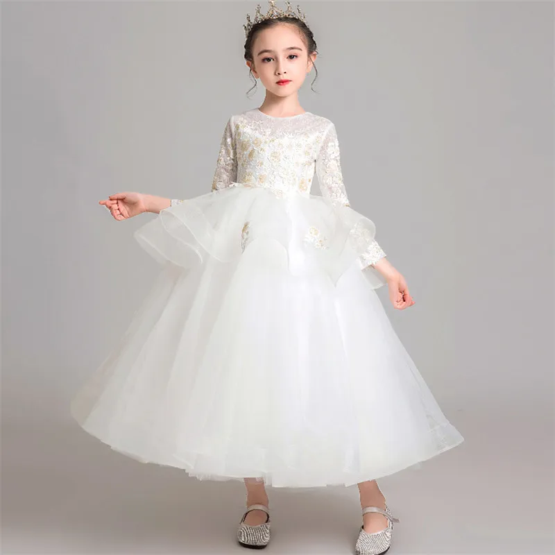 Детское элегантное однотонное платье принцессы белого цвета для девочек праздничная одежда Детские наряды на день рождения и свадьбу Одежда для детей от 3 до 15 лет, платье