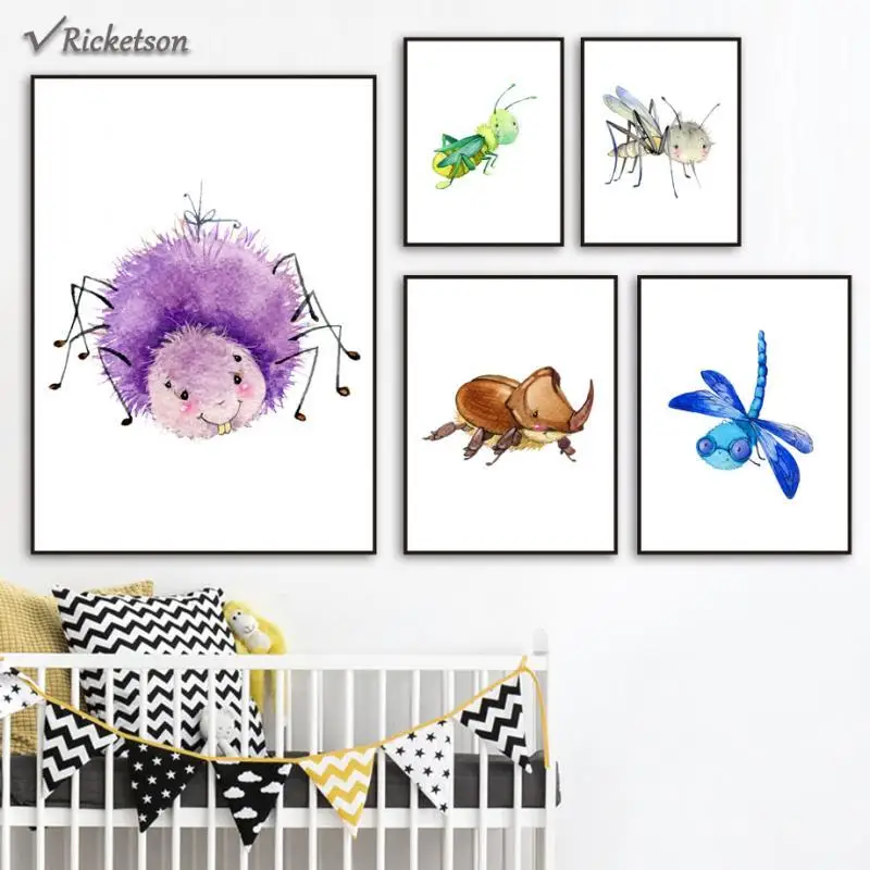 

Funny Insects Nursery Wall Art Print Canvas Painting Bee Butterfly Spider Snail Ant Poster Wall Pictures Baby Kids Room Decor