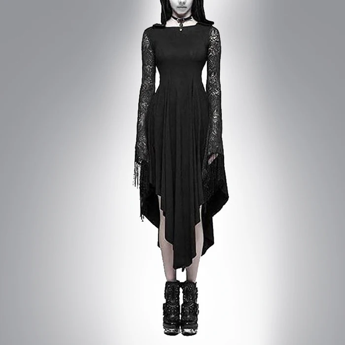 Готическое платье с капюшоном, с длинным рукавом, кружевное платье с высокой талией, черные, открытые, на Хэллоуин, Сексуальные вечерние платья, женская одежда