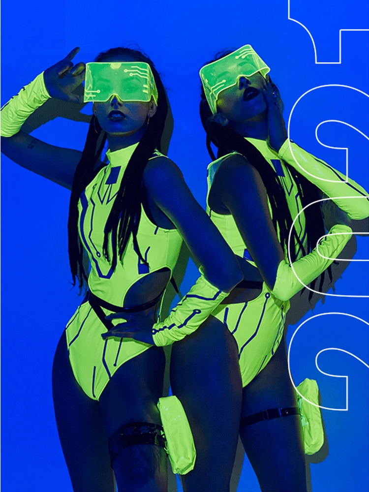 Fluorescence Green Patent Leather Dancer Bodysuit Nigtclub Pole Dance Clothing Bar Gogo Dancign Performance Jumpsuit VDB3699