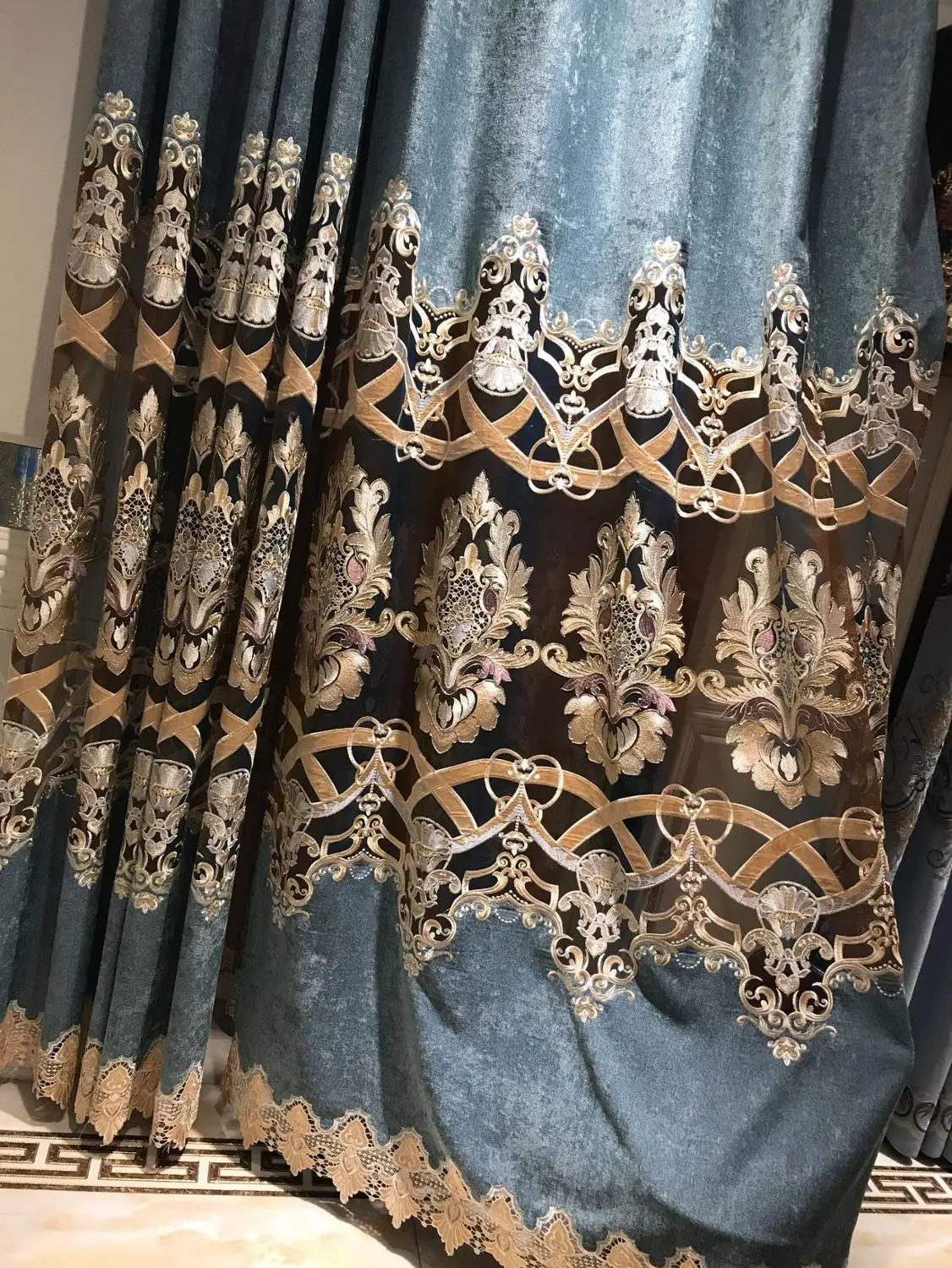 blue curtains Высококачественная фланелевая вышитая занавеска s для гостиной европейская роскошная ткань затеняющая оконная занавеска для спальни - Цвет: blue curtains
