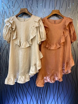 

2020 Spring and Summer New Women's round Neck Solid Color Fungus Ruffles Stitching Oblique Swing Short-Sleeve Dress 529