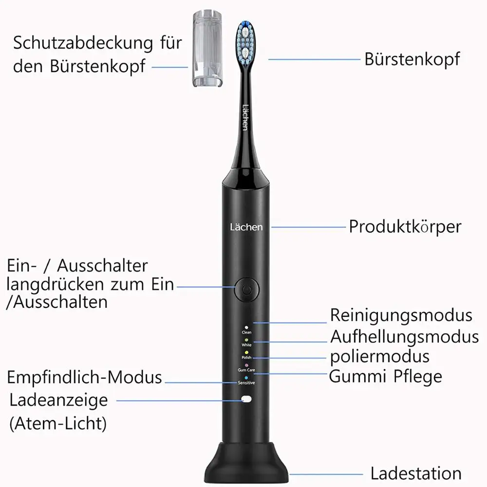 Lachen RM-H9 двойная упаковка электрическая ультразвуковая зубная щетка, с 2 наконечниками и чехол для путешествий, 5 режимов с 10 насадками