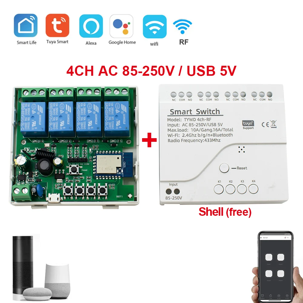 4CH RF Smart Switch 12V 24V 220V AC DC WIFI Tuya Remote Control 433 Light  Switch 10A Rele Relay Self-locking interlock inching