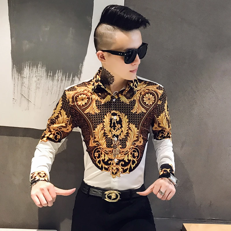 Paisley Black Gold Printed Shirt long sleeve shirt men casual shirt Men's Royal Club Clothing Korean Men's Long Sleeve Slim Long Sleeve Shirt Tuxedo