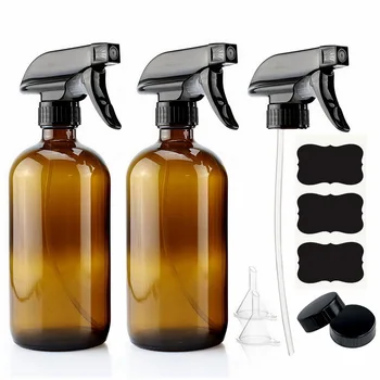 

500ml Empty Amber Glass Spray Bottle with Black Trigger Sprayer & Labels for Essential Oils Cleaning Aromatherapy 16 Oz - 2 Pack