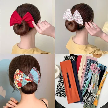 Deft Bun Hair Band Women Printed Headband Bow Donut Bun Maker DIY Hairstyle Braid Tool Ponytail Hair Twist Accessories topknot