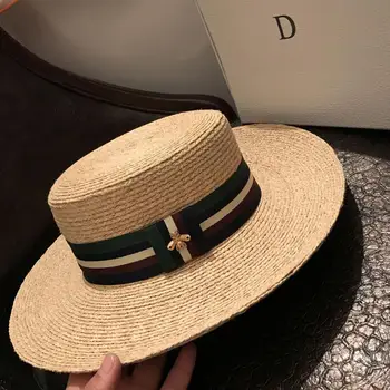 

Sun Hats Small Bee Raffia Straw Hat England And Hepburn style Striped Braided Hat Female Sunscreen Sunshade Flat Cap Visors Hats