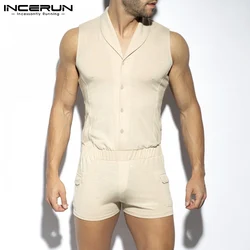 INCERUN Men Pajamas Rompers 2021 Lapel Sleeveless Homewear Cozy Button Playsuits Solid Color Casual Sleepwear Men Jumpsuit 5XL 7