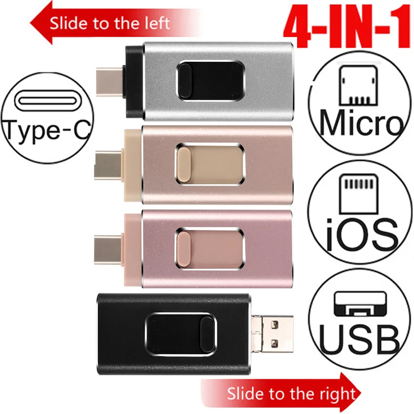 

4 in 1 USB Flash Drive Mini Memory Stick OTG Pen drive For iphone 6/7/8/X S8 S9 Note 8 Huawei P10 P20 Mate 10 Xiaomi Mi8 type c