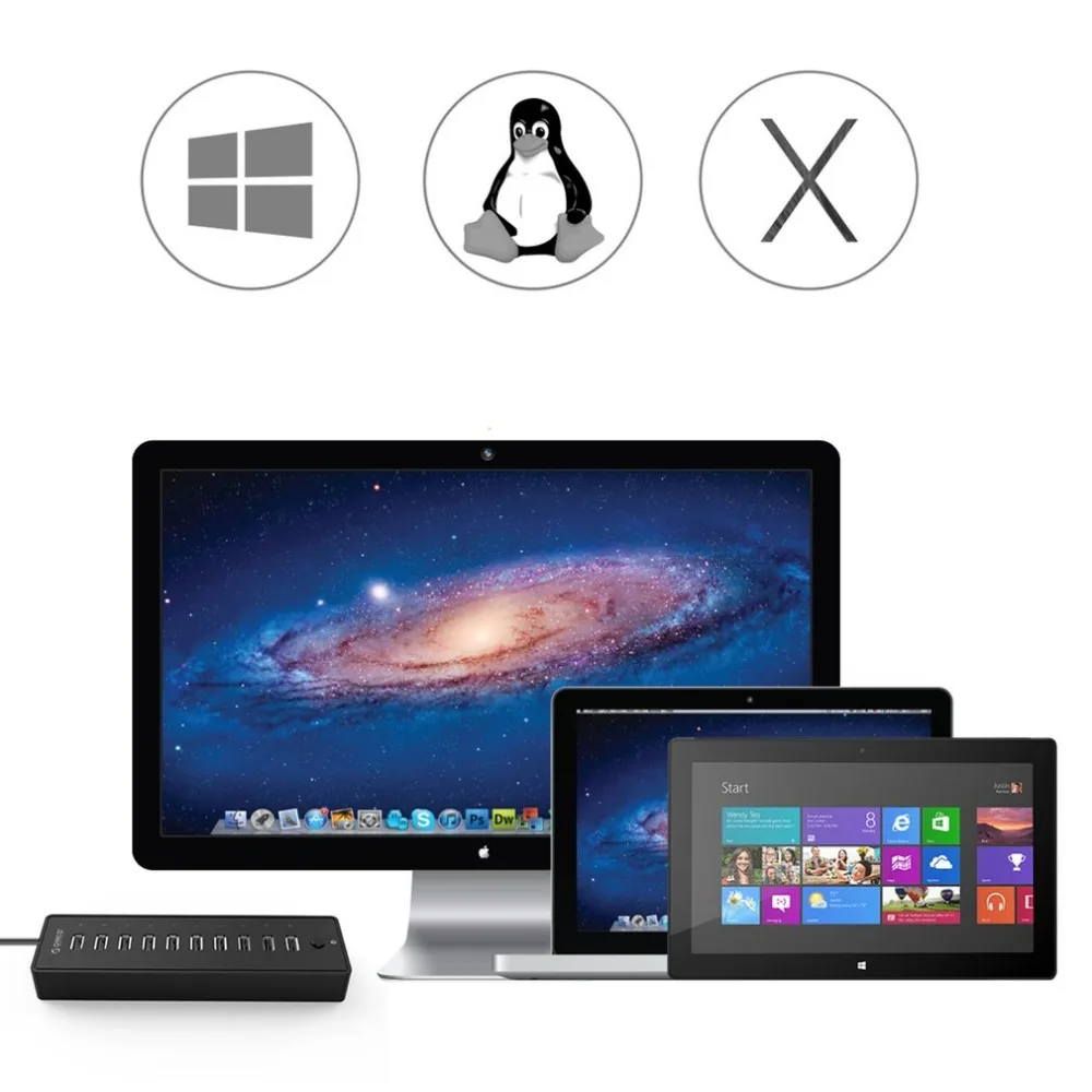 ORICO 10 портов USB 2,0 концентратор 12 в А источник питания огнеупорный ABS для ПК Mac ноутбука черный