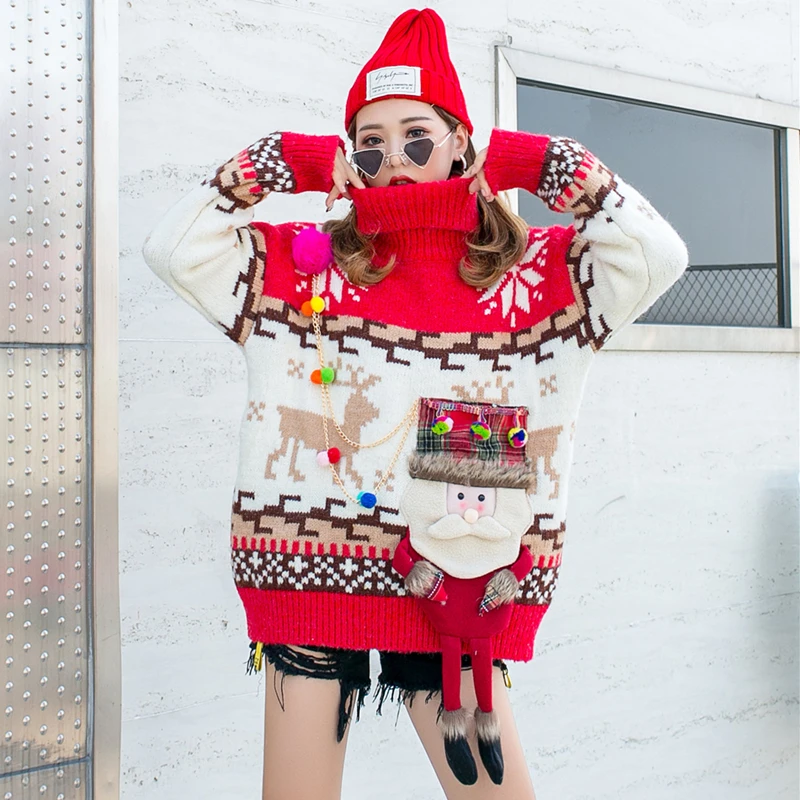 #Special Offers Tide brand Christmas ladies sweater high collar heavy work sweater female head loose sweater winter ugly Christmas sweater