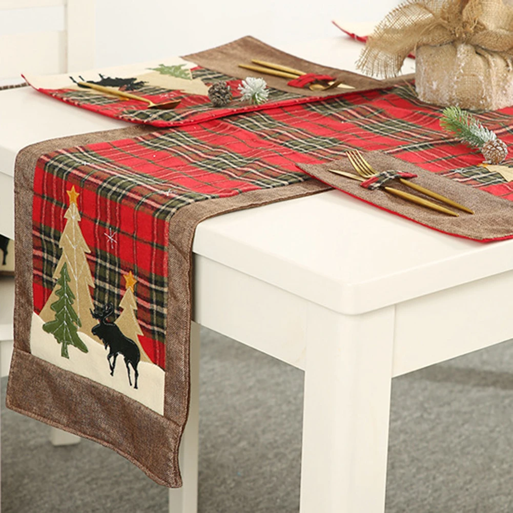 Hot Unique Christmas Tree Elk Printed Lattice Tablecloth Table Mat Cover high quality fabrics Festival New Year Christmas party