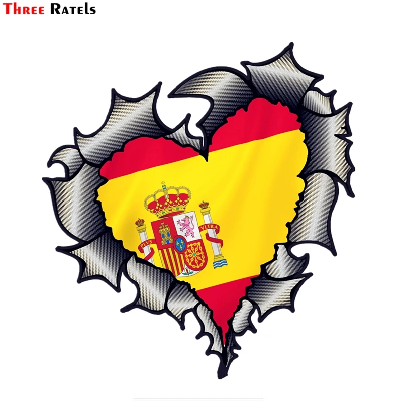Three Ratels FTC-790# 14X15.1CM Ripped Torn Metal Heart Carbon Fibre with Spain Spanish Flag Motif External Wall Sticker Decal | Дом и сад
