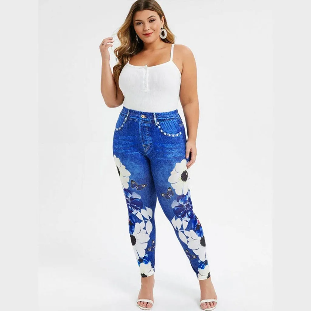 Легинсы большого размера женские джеггинсы Высокая талия с рисунком цветов и бабочек карандаш брюки джинсы тонкие брюки женские Леггинсы спортивные брюки