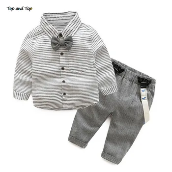 

Top and Top Infant Baby Boy Gentleman Clothes Set Striped Style Long Sleeve Cotton Bowtie Shirt+Suspender Pants Bebes Ropa