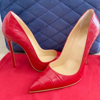 

Stylish Red Snakeskin Pointed Toe High Heel Shoes Shallow Python Pattern Leather Wedding Shoes Bride Stiletto Heels Size 45