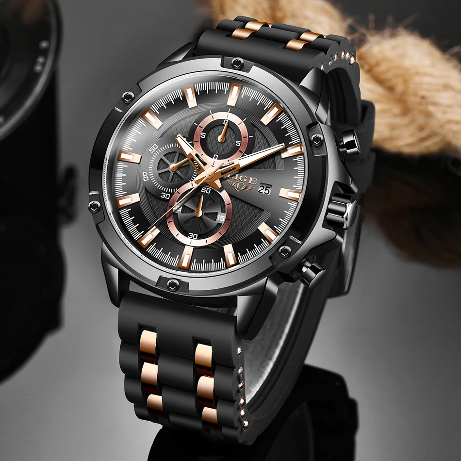 LIGE Casual Sport Watch Men Black Top Brand Luxury Military Silicagel