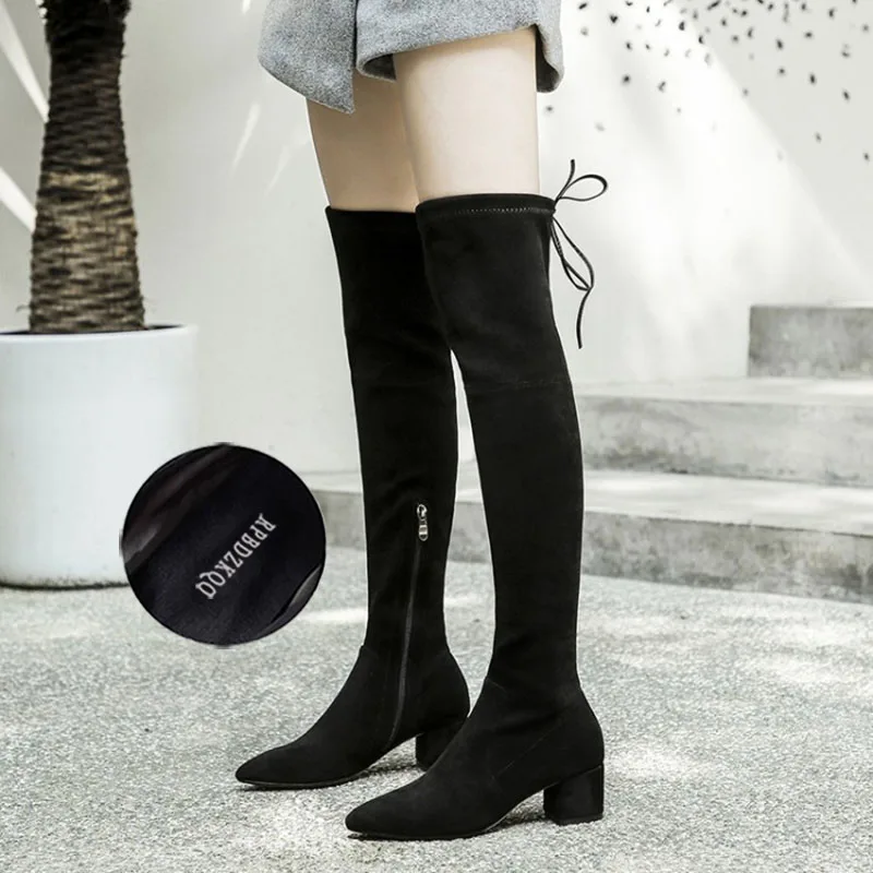 suede slim thigh women boots high heel long chunky black shoes lace up ladies winter pointed toe over the knee tall thick