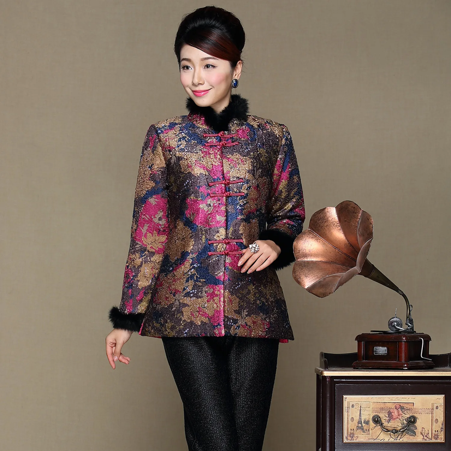 

2018 Winter New Style Large Size Retro Chinese-style Crew Neck Cotton-padded Clothes Pleated Coat WOMEN'S Dress K9355