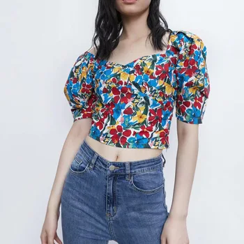 

summer new ladies fashion ZA floral print short shirts balloon sleeve back elastic tops 2020 women chic Bohemian casual blouses