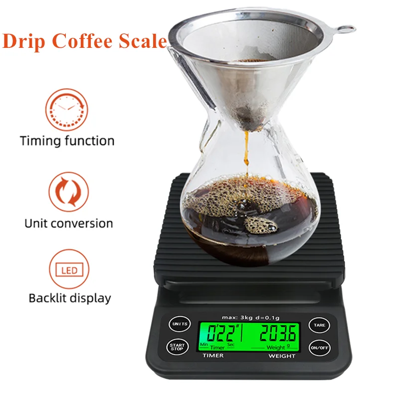 Electronic Digital Kitchen Scale Portable Drip Coffee Scale With Timer 3kg/6lb x 0.1g/0.2lb 