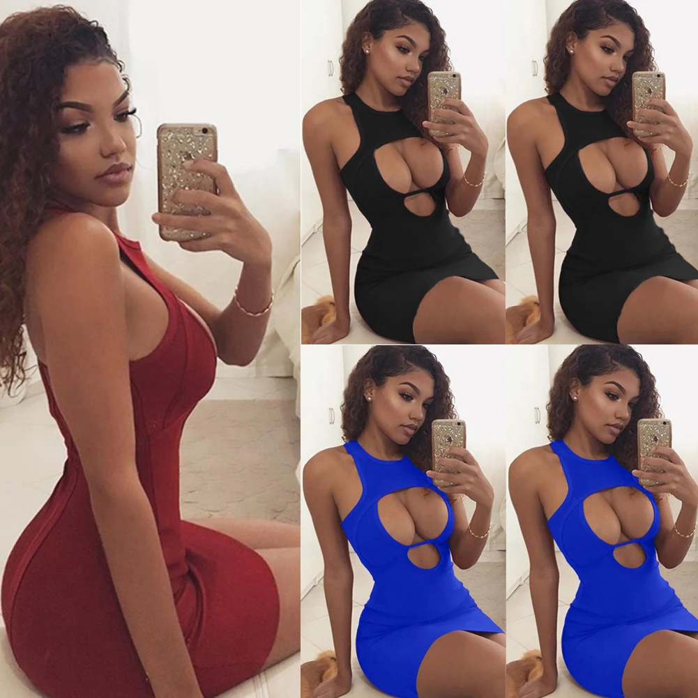 Evening Party Dress Women Sexy Sleeveless Hollow Out Halter Club Mini Dress Short Vestido Plus Size