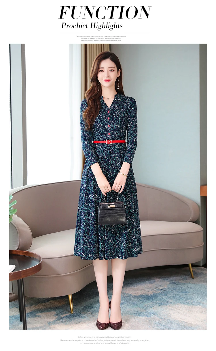 Femal Vintage Plus Size Green Print Long Sleeve Dresses Autumn Winter Chic Midi Dress Elegant Women Bodycon Party Vestidos