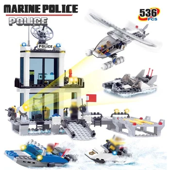 

536PCS City Police Series Building Blocks Coastal Guard Boat Helicopter City Police Staction DIY Bricks Compatible Toys Foe Kids