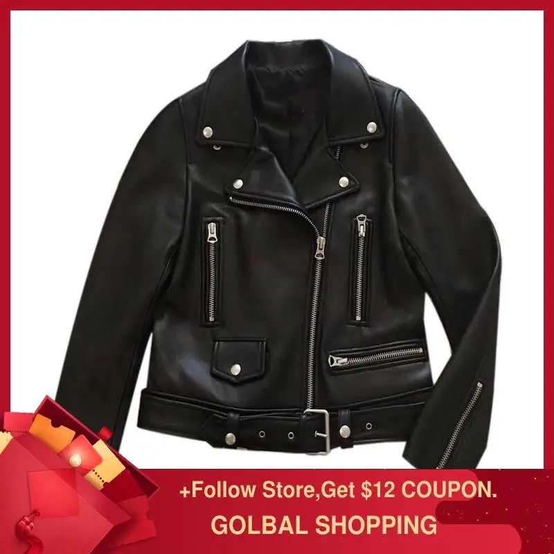 

2020 Black Women Motorcycle Style Short Leather Jacket Large Size XXXL Genuine Thin Sheepskin Spring Slim Fit Biker's Coat