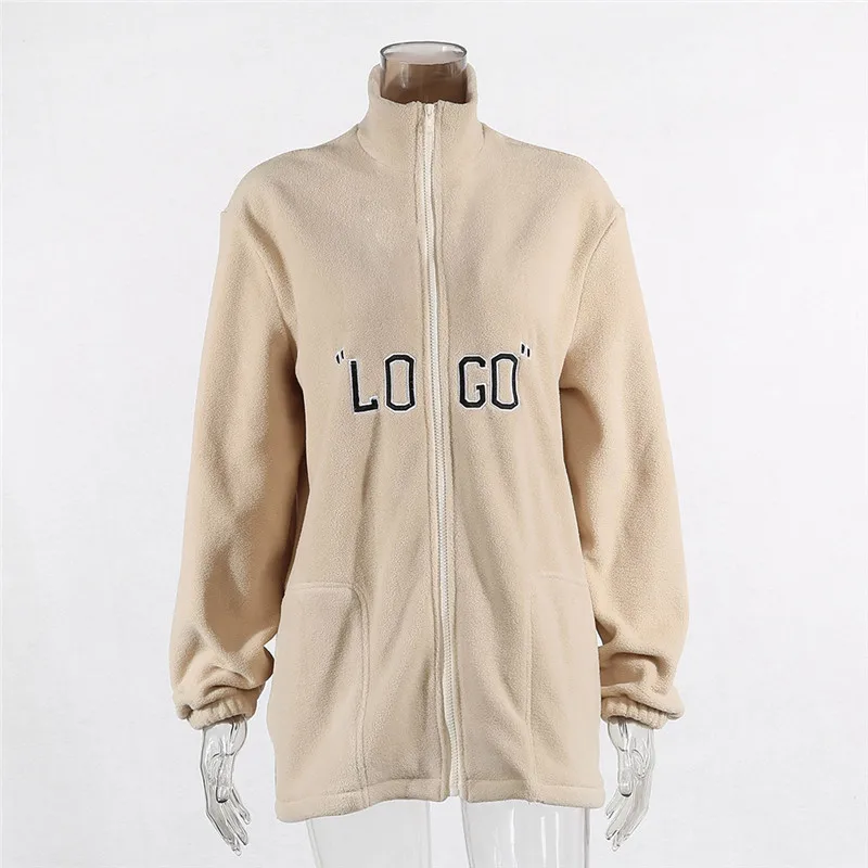price reduction  BOOFEENAA Logo Letter Zip Fleece Outwear Women Fashion Jacket Coats Streetwear Oversize Windbreaker