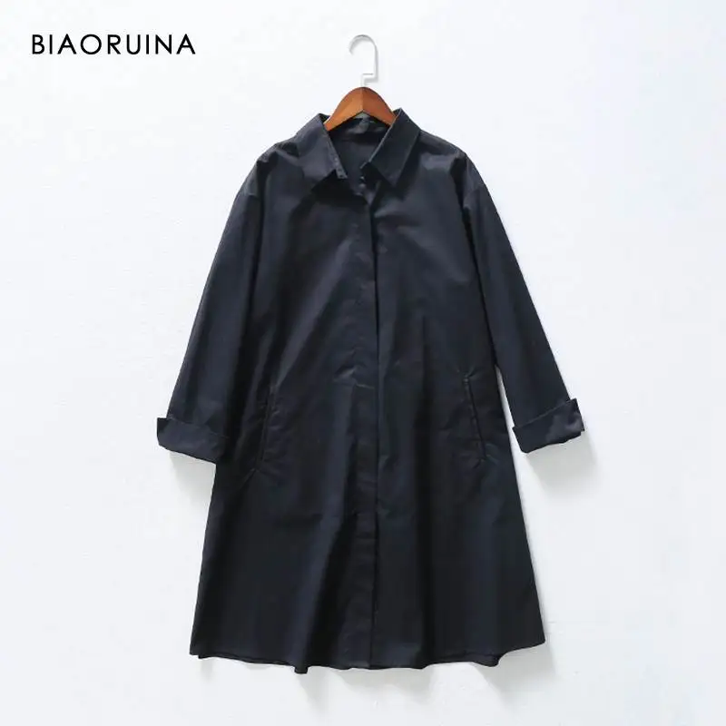 Тёмно-синий BIAORUINA, 4 цвета, женское модное одноцветное длинное ТРАПЕЦИЕВИДНОЕ пальто, женское Свободное пальто в стиле сафари, Элегантное однобортное пальто - Цвет: Тёмно-синий