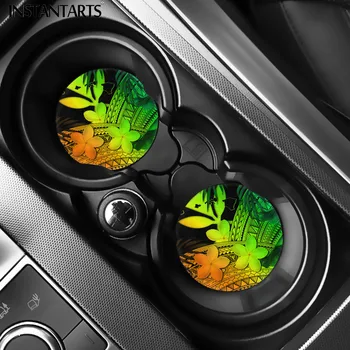 

INSTANTARTS Gradient Polynesian Tropical Leaves Round Car Cup Holder Coasters Washable Auto Accessories Drink Mat for Most Cars