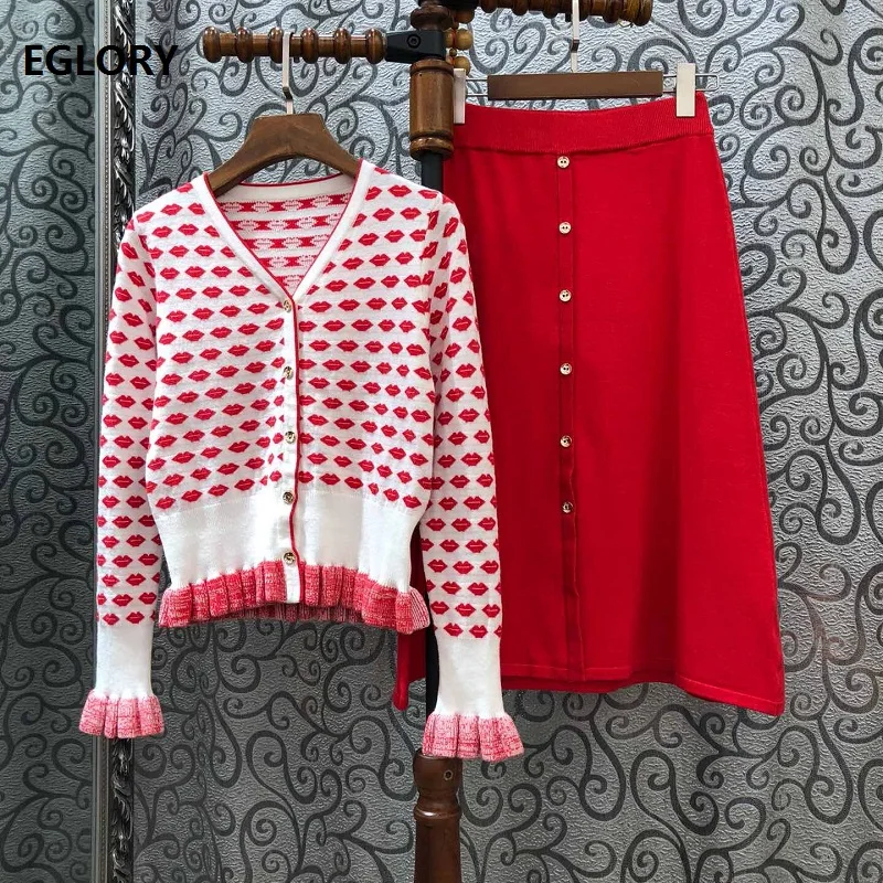 

2019 Autumn Fashion Cardigan Sweater Sets Women V-Neck Red Lips Patterns Knitted Cardigan+Button Up Red Skirt Set Casual Suits