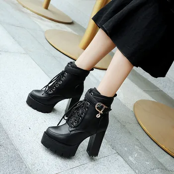 

Plus Size Lace Up High Heel Boots Buckle Strap Black Gray Punk Gothic Ankle Motorcycle Boots Female Shoes Autumn Winter