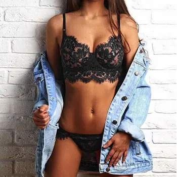 

2PCS Women Transparent Bra Set Hot Sexy Lingerie Lace Floral Bralette Bra Gstring Set Female Sleepwear Plus Size Underwear