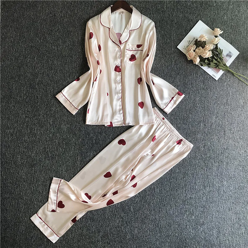 

Silk Pijama Mujer Long Sleeve Pajama Set Satin Pajamas 2 Pieces Sleepwear Set Turn-down Collar Night Suits Ladies Korean Pj Set