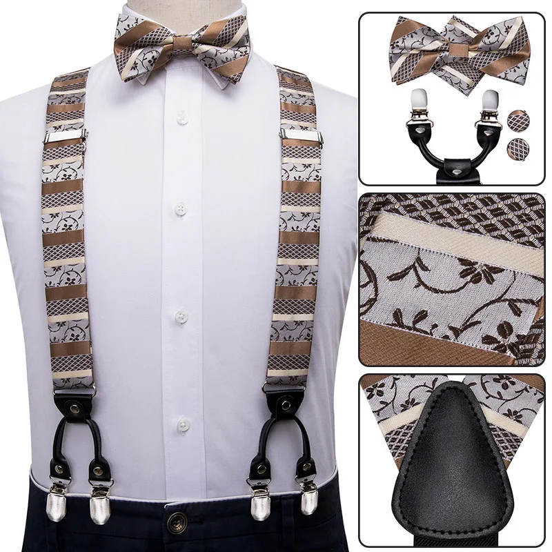 BD-3019 BD-3026 Hi-Tie Шелковый Взрослый мужской галстук-бабочка и подтяжки набор кожаный металлический 6 зажимы подтяжек золотые Однотонные эластичные Свадебные подтяжки для мужчин - Color: BD-3019