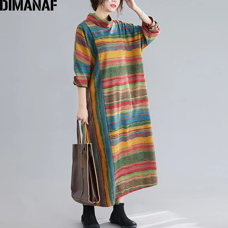 DIMANAF, осенне-зимнее женское платье, винтажное платье с высоким воротом размера плюс, платье в радужную полоску, элегантное женское свободное платье макси с длинным рукавом
