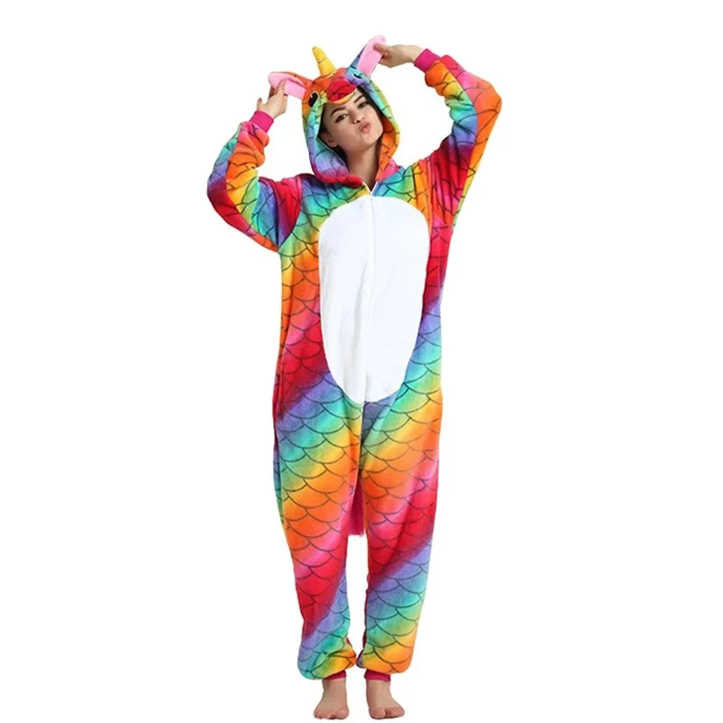 Пижама с единорогом, комбинезон для женщин, кугуруми, панда, зимняя Фланелевая пижама, кигуруми, Пижама для взрослых, лиса, Ститч, единорог, одежда для сна, Комбинезоны - Цвет: Fishscale unicorn