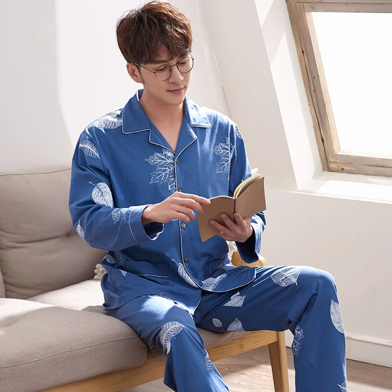 

Pajamas Men Autumn and Spring Pure Cotton Long-sleeved Striped Cardigan Loose Oversized Youth Suit Pyjama Homme Dormir Tops 2020