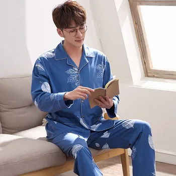 

Pajamas Men Autumn and Spring Pure Cotton Long-sleeved Striped Cardigan Loose Oversized Youth Suit Pyjama Homme Dormir Tops 2020