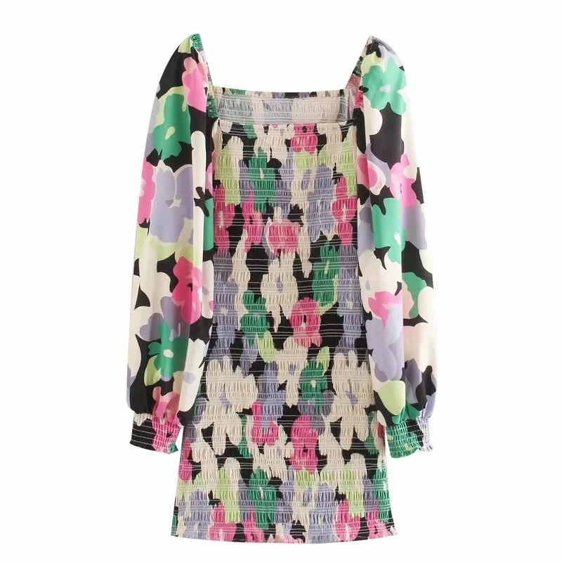 

Dress women ZA stylish Short fitted smocked dress in crisp Chest elastic floral pattern mini dress female casual chic dresses